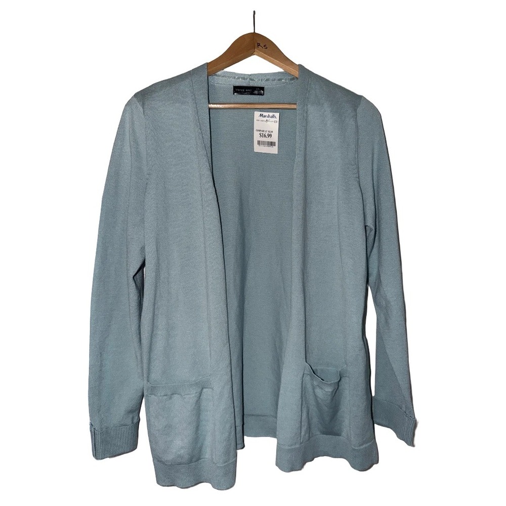 Verve Ami Open Front Cardigan Women Large Blue Good Recycled Modal Knit Pockets